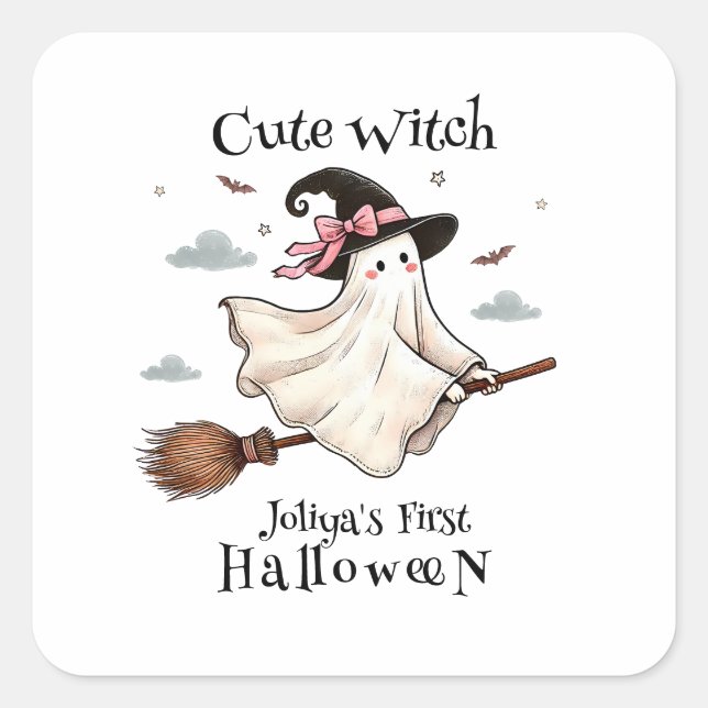 Adesivo Quadrado bruxa-branca simples e elegante no primeiro dia da (Frente)