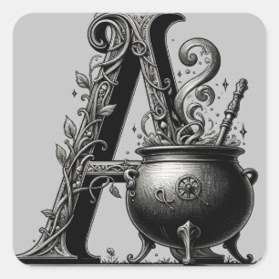 Adesivo Quadrado Bruxa Cauldron Witchy - Letra A Personalizada Inic
