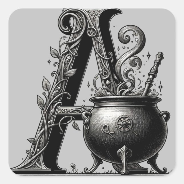 Adesivo Quadrado Bruxa Cauldron Witchy - Letra A Personalizada Inic (Frente)