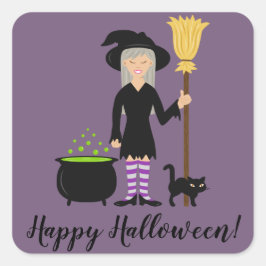 Adesivo Quadrado Bruxa Com Um Gato & Texto Feliz Halloween