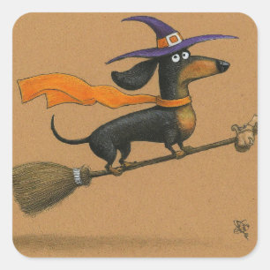 Adesivo Quadrado Bruxa Dachshund Fofa