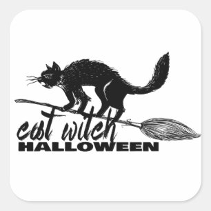 Adesivo Quadrado Bruxa De Gato Engraçado Do Halloween Na Broomstick