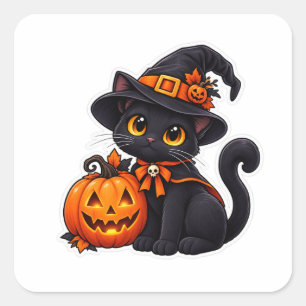 Adesivo Quadrado Bruxa de Gato Preto Fofo Abóbora de Halloween