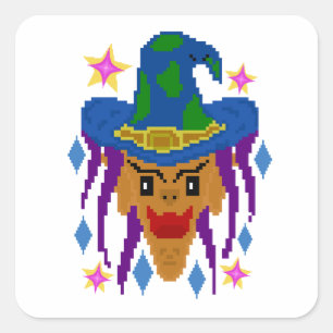 Adesivo Quadrado Bruxa de Halloween com Vassoura – Pixel Art