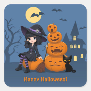 Adesivo Quadrado Bruxa de Halloween, Gato Negro e Pumpkins