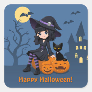 Adesivo Quadrado Bruxa de Halloween, Gato Preto e Abóboras Curvadas