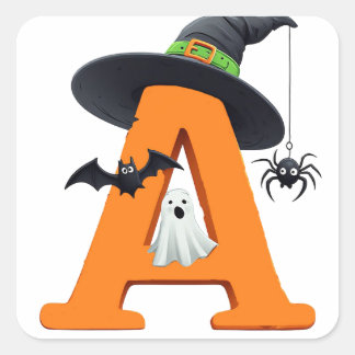 Adesivo Quadrado Bruxa de Halloween Letra A Caldeirão Vassoura 🎃