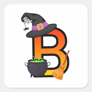 Adesivo Quadrado Bruxa de Halloween Letra B Caldeirão Chapéu 🎃