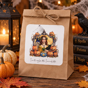 Adesivo Quadrado Bruxa de Halloween Vintage com Abóboras