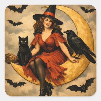 Adesivo Quadrado Bruxa de Halloween Vintage na Lua