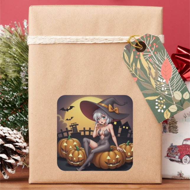 Adesivo Quadrado Bruxa do Dia das Bruxas Verdes no Jack O-Lanterna (Feriado)