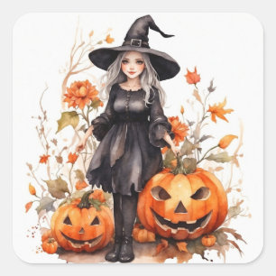 Adesivo Quadrado Bruxa do Halloween com Aquarela com Pumpkins