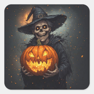 Adesivo Quadrado Bruxa Esqueleto Com Abóbora Brilhante Halloween 🎃