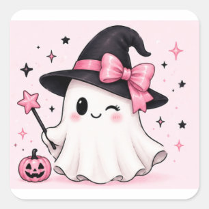Adesivo Quadrado Bruxa Fantasma Coquette com Laço Rosa no Halloween