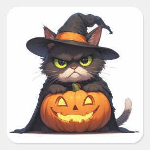 Adesivo Quadrado Bruxa Gata Mal-Humorada E Abóbora De Halloween 🦇