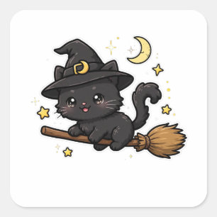 Adesivo Quadrado Bruxa Gatinha Preta Fofo Halloween