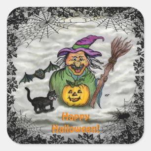 Adesivo Quadrado Bruxa, Gato, Bat e Pumpkin, Feliz Halloween!