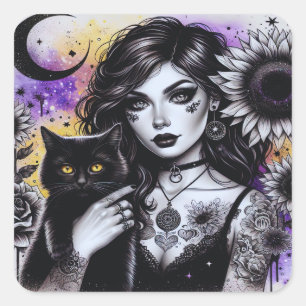 Adesivo Quadrado Bruxa Gótica Celestial e Gato Negro