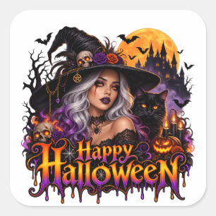 Adesivo Quadrado Bruxa Gótica Feliz Halloween
