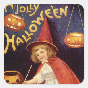 Adesivo Quadrado Bruxa Jolly Halloween Vintage por Ellen Clapsaddle