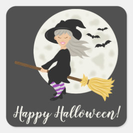 Adesivo Quadrado Bruxa Menina Fofa Voando & Texto Feliz Halloween