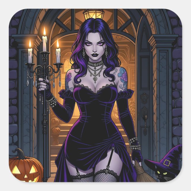 Adesivo Quadrado Bruxa Negra e Roxa com o Halloween Candelabra (Frente)