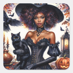 Adesivo Quadrado Bruxa Negra Halloween com outono de Cat