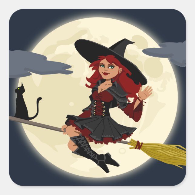 Adesivo Quadrado Bruxa Voadora com Vassoura e Gato Negro (Frente)
