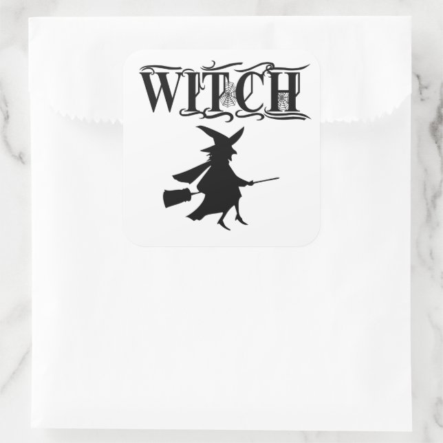 Adesivo Quadrado Bruxa Voadora Malvada Preta de Halloween (Bolsa)