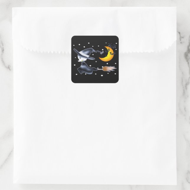 Adesivo Quadrado Bruxa Voadora na Noite de Halloween (Bolsa)