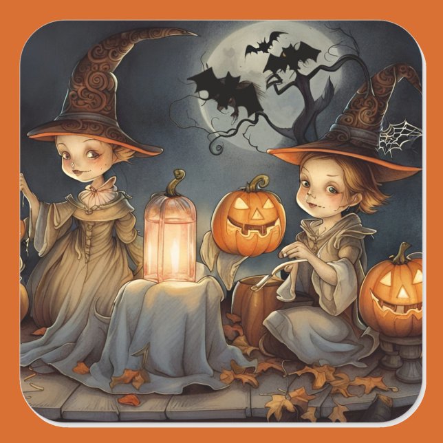 Adesivo Quadrado Bruxas Bonitas Abóbora Bats de Halloween (Criador carregado)