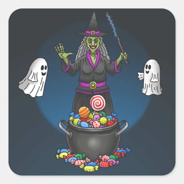 Adesivo Quadrado Bruxas e Fantasmas Fingem ou Tratam o Festa do Hal (Frente)