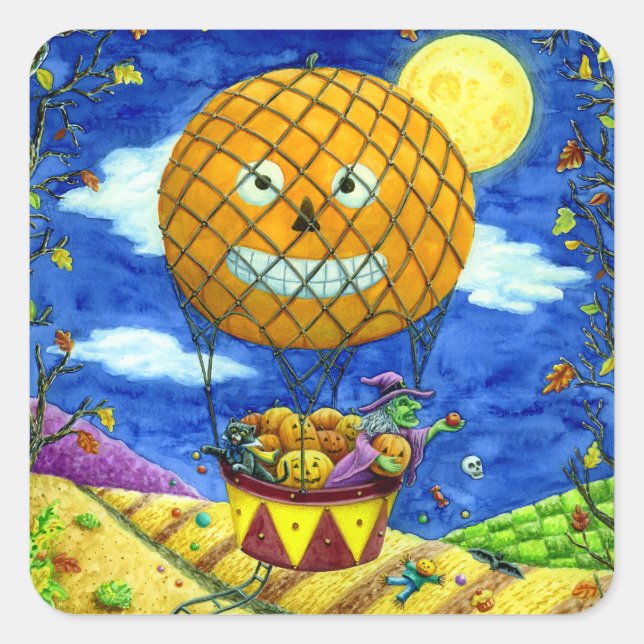 ADESIVO QUADRADO BRUXAS, GATO PRETO NO HUMOR DE ARTE FOLK DE BALÃO  (Frente)