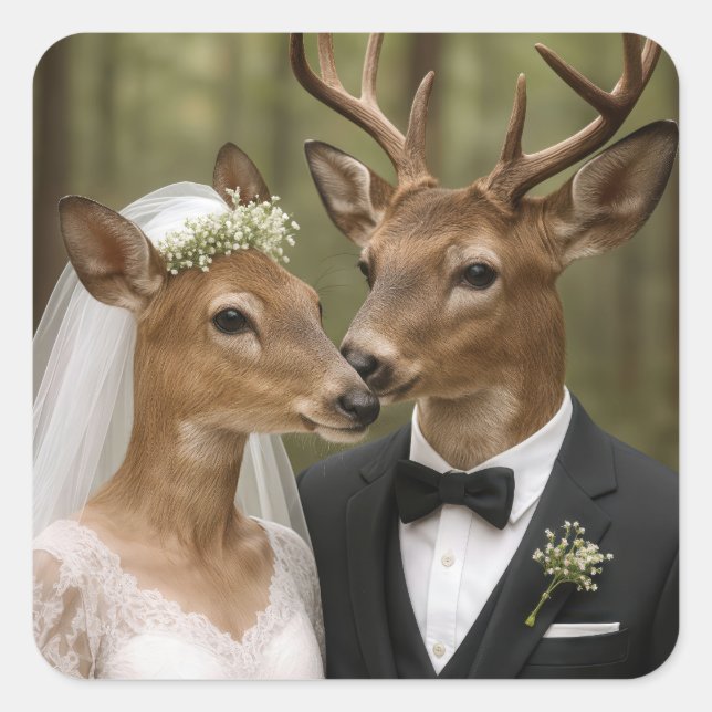 Adesivo Quadrado Buck and Doe Deer Wedding In Forest (Frente)