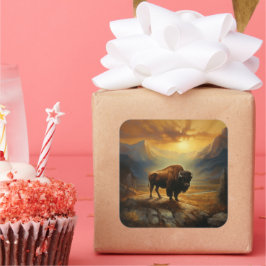 Adesivo Quadrado Buffalo Bison Sunset Silhouette
