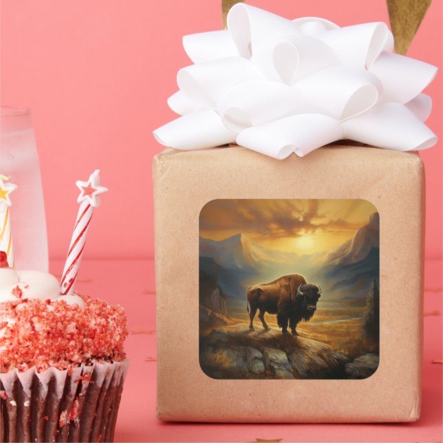 Adesivo Quadrado Buffalo Bison Sunset Silhouette (Festa)