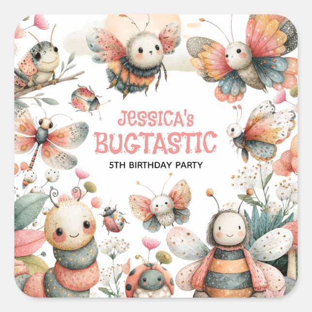 Adesivo Quadrado BUGTÁSTICO Insetos Whimsical Insetos Aniversário d (Frente)