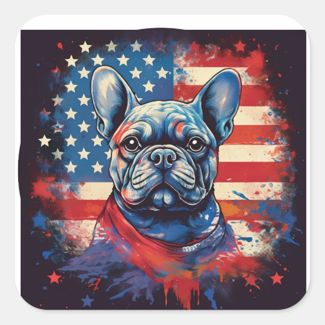 Adesivo Quadrado Buldogue Francês e Bandeira Americana Incomodada (Frente)