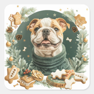 Adesivo Quadrado Buldogue Inglês de Natal