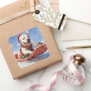 Adesivo Quadrado Bull Terrier Dog Sledge Deixe nevar Natal