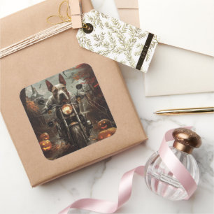 Adesivo Quadrado Bull Terrier Riding Motorcycle Halloween Scareen