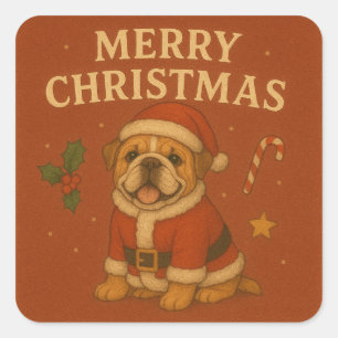 Adesivo Quadrado Bulldog de Natal Fofo Bulldog com Chapéu de Papai