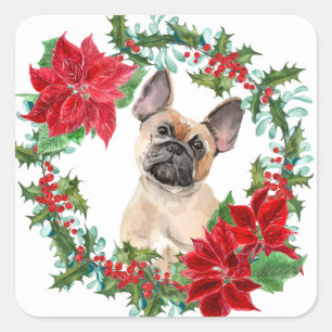 Adesivo Quadrado Bulldog Francês Poinsettia Christmas Wreath