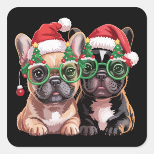 Adesivo Quadrado Bulldog Francês Usando Óculos de Árvore de Natal