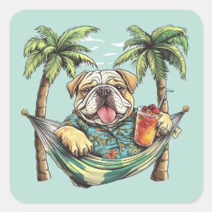Adesivo Quadrado Bulldog Inglês com Roupa Havaiana