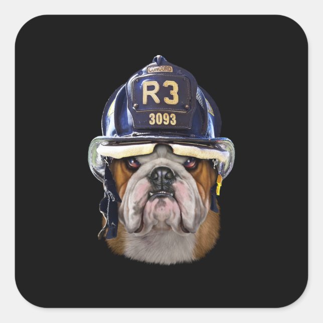 Adesivo Quadrado Bulldog Inglês Grumpy Vestindo Helmet para Bombeir (Frente)