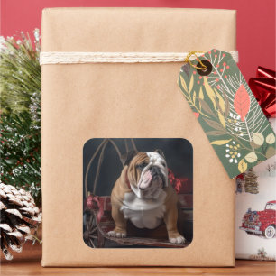 Adesivo Quadrado Bulldog Snowy Sleigh Decência de Natal