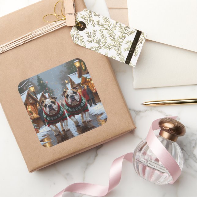 Adesivo Quadrado Bulldogs Christmas Snow Holiday (Presentear)