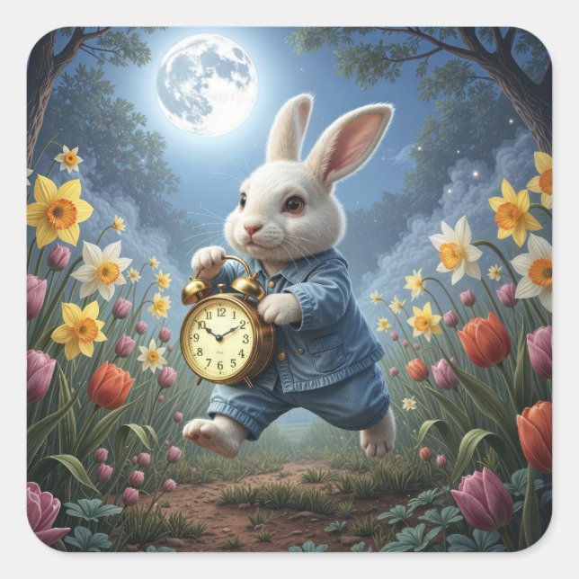 Adesivo Quadrado Bunny Hopping With an Alarm Clock (Frente)