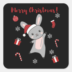 Adesivo Quadrado Bunny Merry Christmas Winter Animals Rabbits
